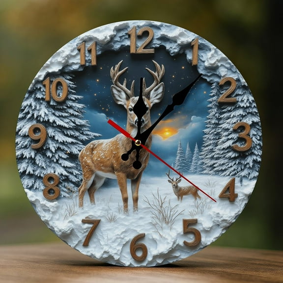 Wall Clock Decorative - Classic Snowy Deer Print 2D Vintage Wall Clocks Battery Operated Silent Non-Ticking for Bedroom, Living Room, Kitchen, Office, Classroom, 10 Inch