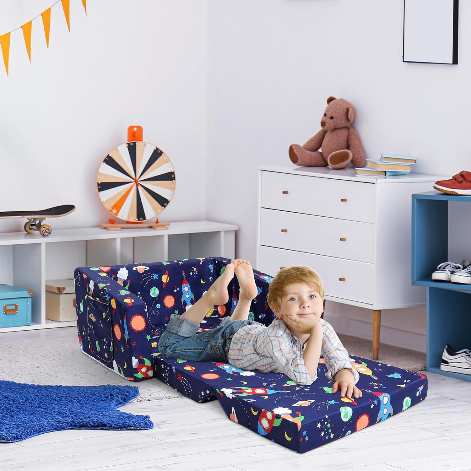 Kids Couch Convertible Sofa to Lounger for Toddler Boy, Foldable 2-in-1 Kids Sofa Bed, Toddler Chairs  for Bedroom Playroom, Blue Rocket
