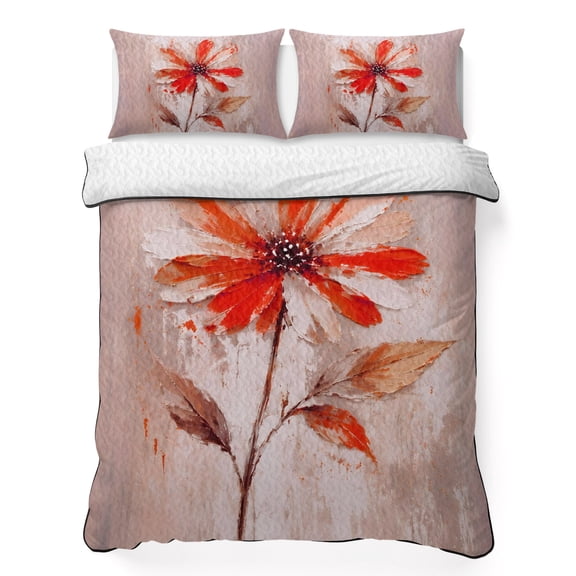 Quilts Twin XL Size Bedding Set, Red Floral Lightweight Quilted Comforter, Oil Painting Modern Abstract Art Flowers Soft Reversible Bedspread Coverlet with Pillow Covers for All Season, 68" x 98"
