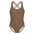 thumbnail image 4 of Girls One Piece Swimsuit - Backcross Style Classic Solid Color Bathing Suit for Kids Youth Comfortable Stretchy Swimwear for Pool Beach Summer Age 2-14(Brown/L), 4 of 5
