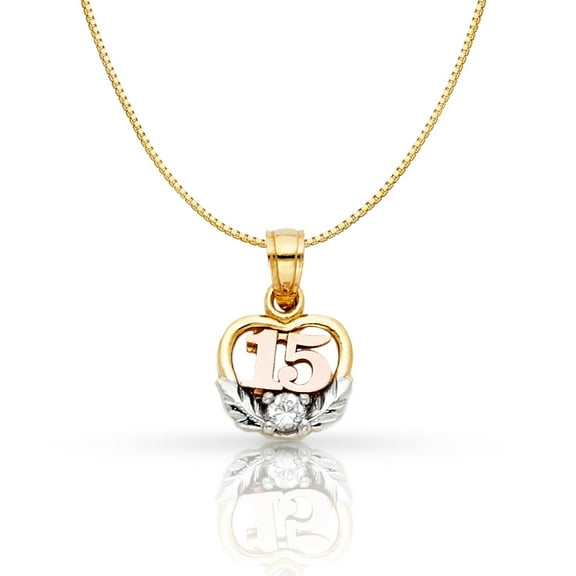 14K Tri Color Gold Sweet 15 Years Quinceanera Heart Cubic Zirconia CZ Charm Pendant with 0.6mm Box Chain Necklace