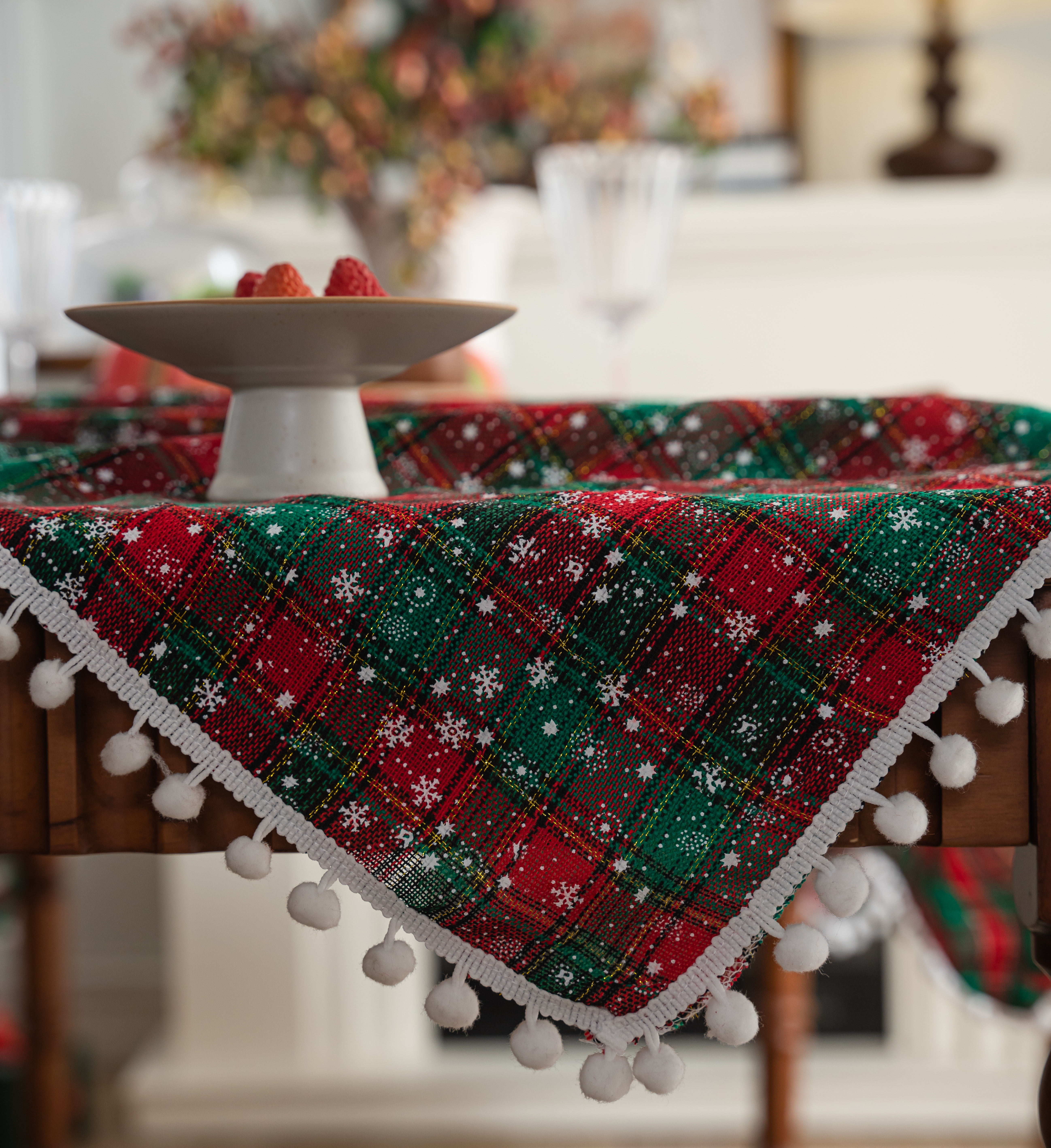 Christmas Plaid Tablecloth with Pom-Poms - Red/Green Fabric Table Cover for Holiday Dinners, Parties & Kitchen Decor 59 x 70in