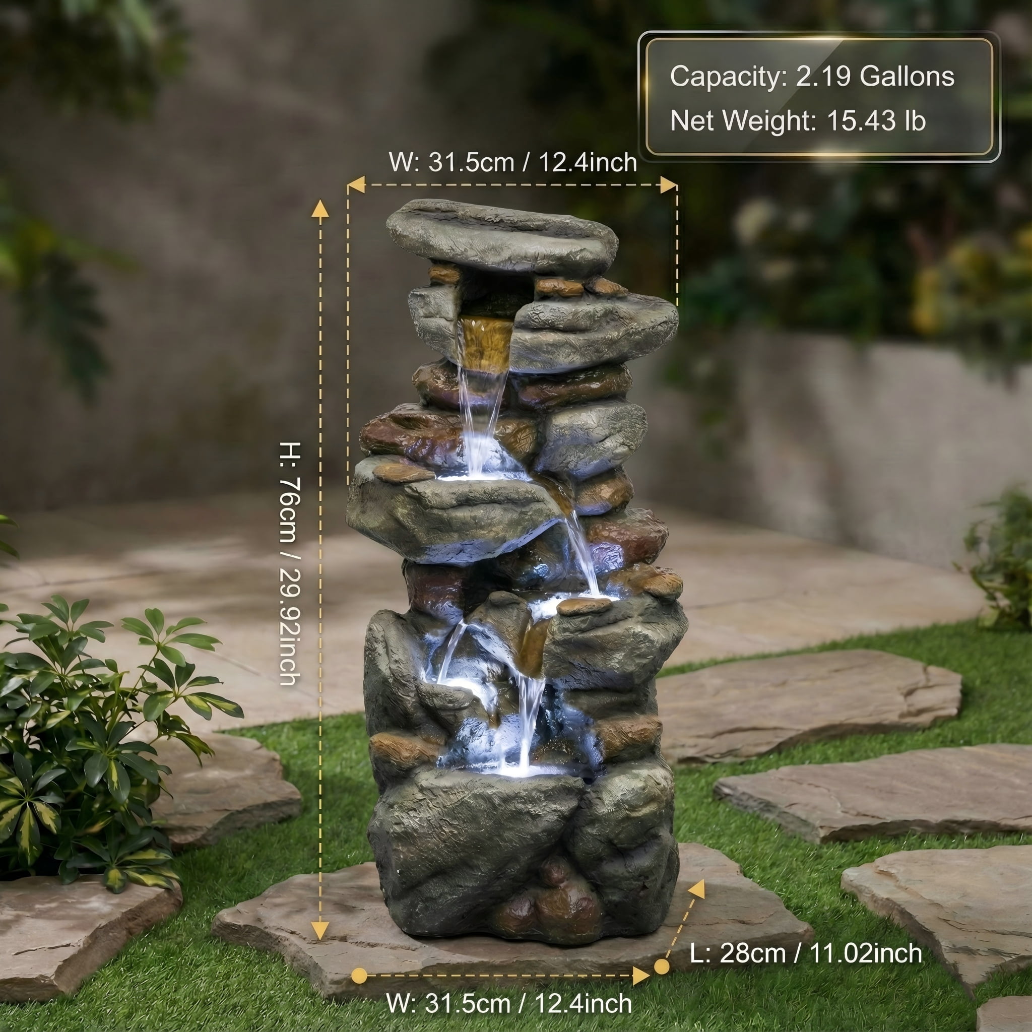30" Outdoor Water Fountain with LED Lights - Resin Stone Look Tiered Fountain for Patio, Garden, Backyard, Entryway Decor - Grey