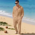 thumbnail image 2 of Mens 2 Piece Linen Outfits Long Sleeve Button Down Shirts And Loose Pant Set Summer Beach Outfits with Pockets Summer Beach Yoga Matching Outfits Khaki M, 2 of 6