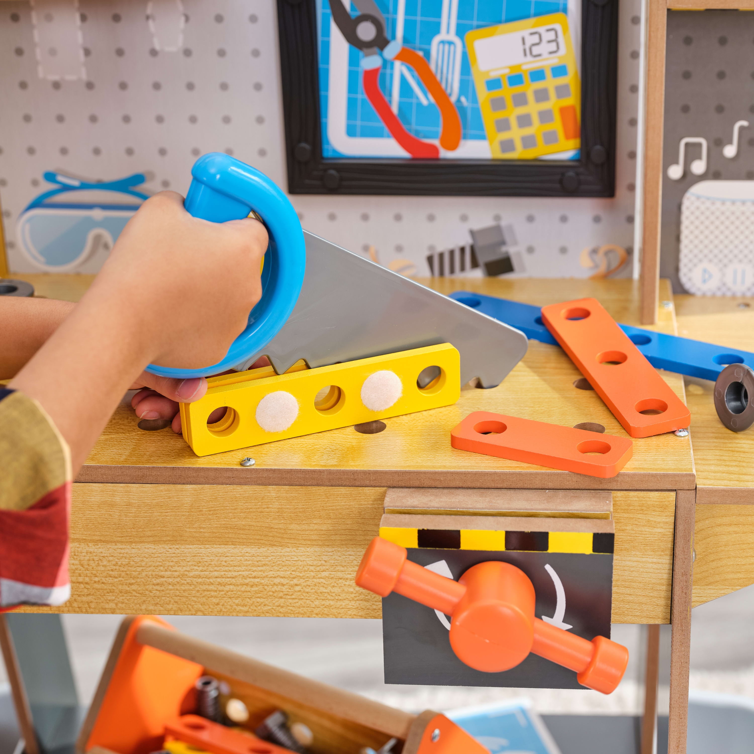 KidKraft Blueprint Build Wooden Play Workbench with 40+ Accessories and Working Drill