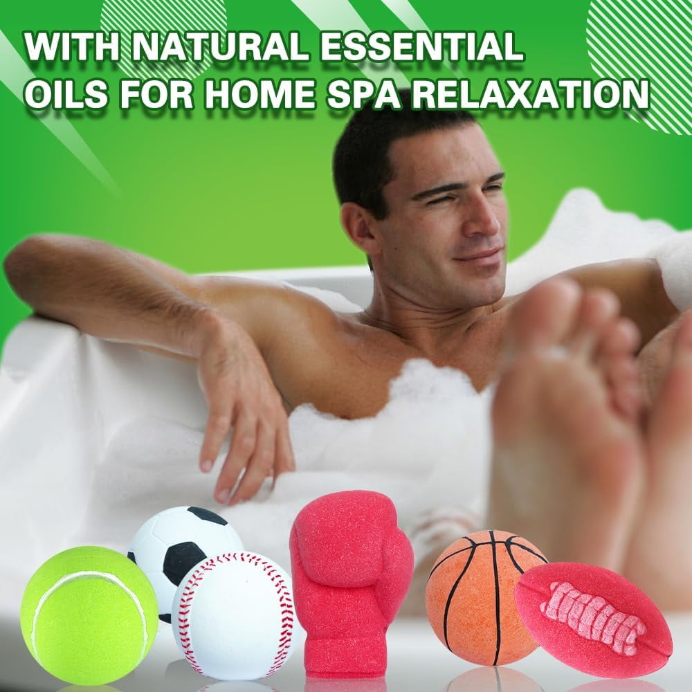 HZEX Large Organic Bath Bombs with 6 Different Sports Themes, 6 Various Bathbomb Scents for Men Boys Women Kids, Natural Paraben Free Bath bomb with Essential Oils