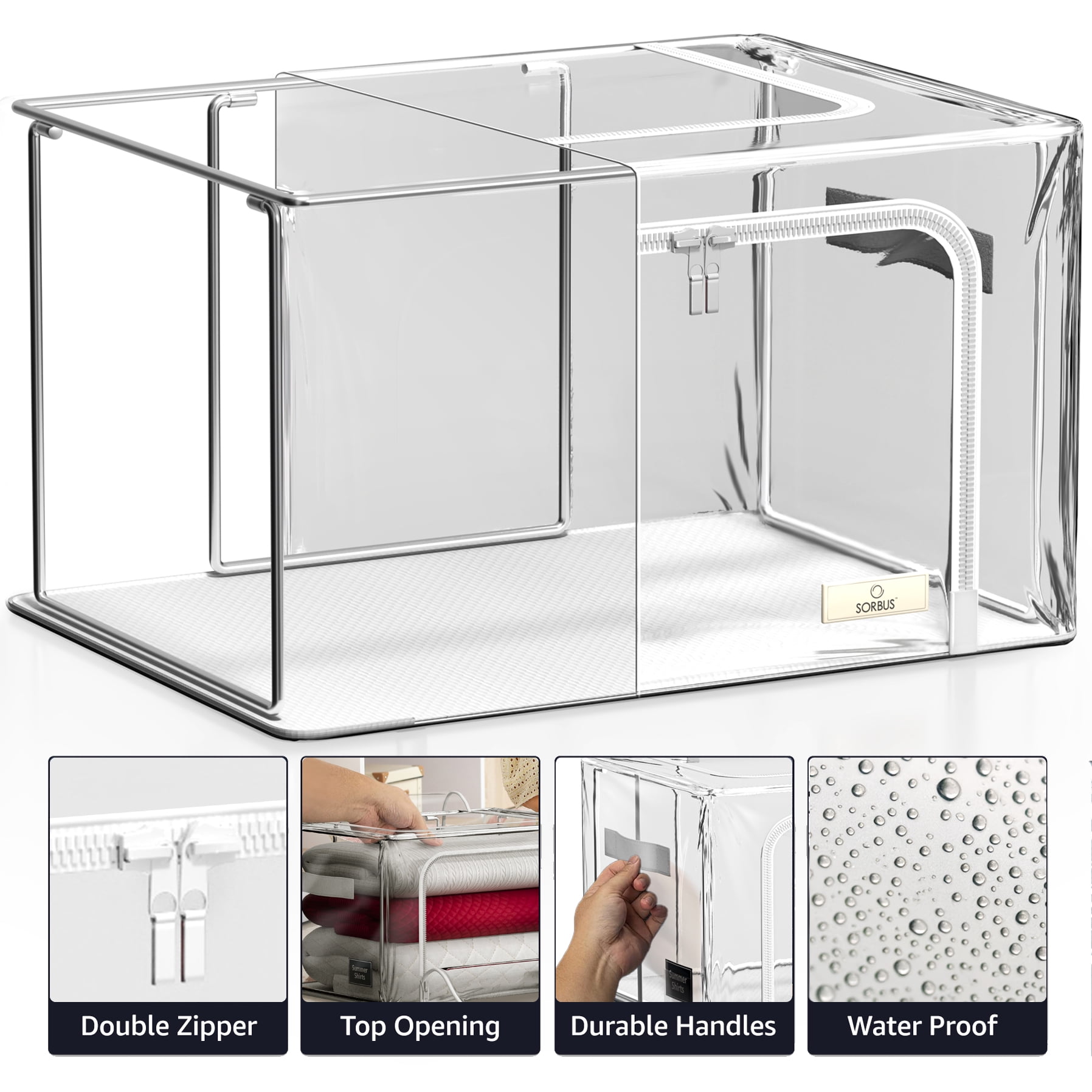 Sorbus Medium Stackable Storage Bins, 2-Pack, Metal Frame, Clear Collapsible Design, Zipper Closure