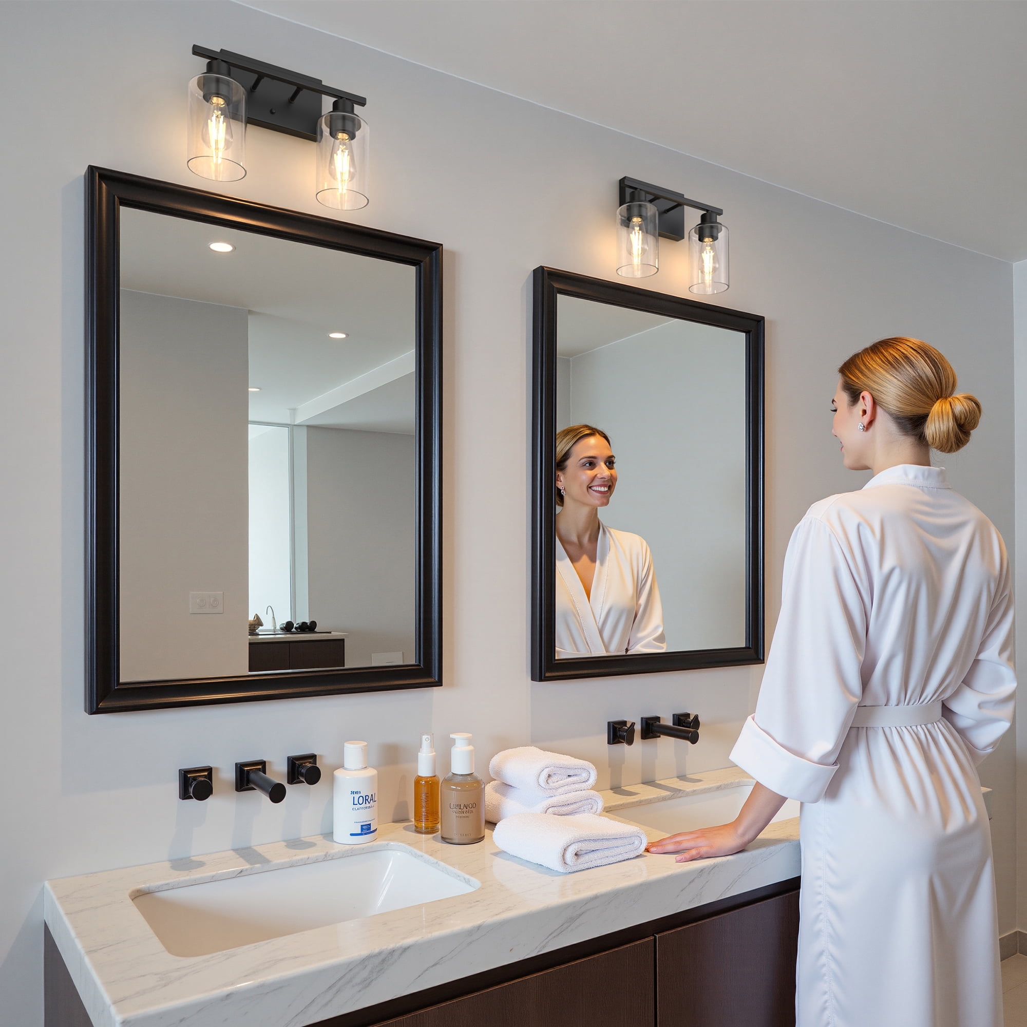 YANSUN 13.4 in 2-Light Matte Black Industrial Bathroom Vanity Light with Clear Glass Shades, Vanity Light for Bathroom, Hallway, Mirror, Laundry Room