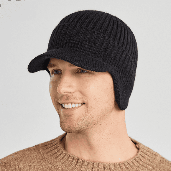Winter Visor Beanie Brimmed Knit Hat Outdoor Fleece Lined Toboggan Ski Billed Cap