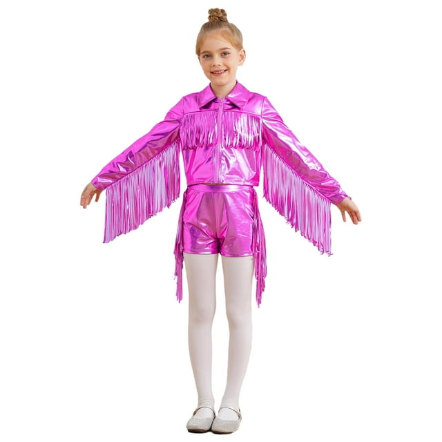 TSSOE Girls 90s Theme Concert Rave Disco Hip Hop Dance Outfit Cowgirl Shiny Metallic Fringe Jacket with Shorts Set Hot Pink 14