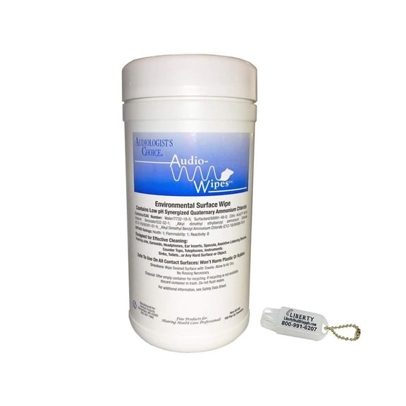Audio-Wipes Cleaning Towelettes - Large Canister (160 Wipes) and Liberty Hearing Aid Battery Keychain