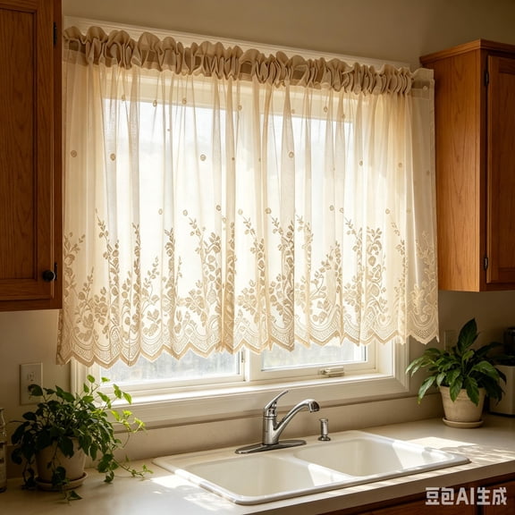 69" × 22" Embroidered Lace Sheer Kitchen Curtain Valance, Rod Pocket Floral Window Treatment for Small Windows