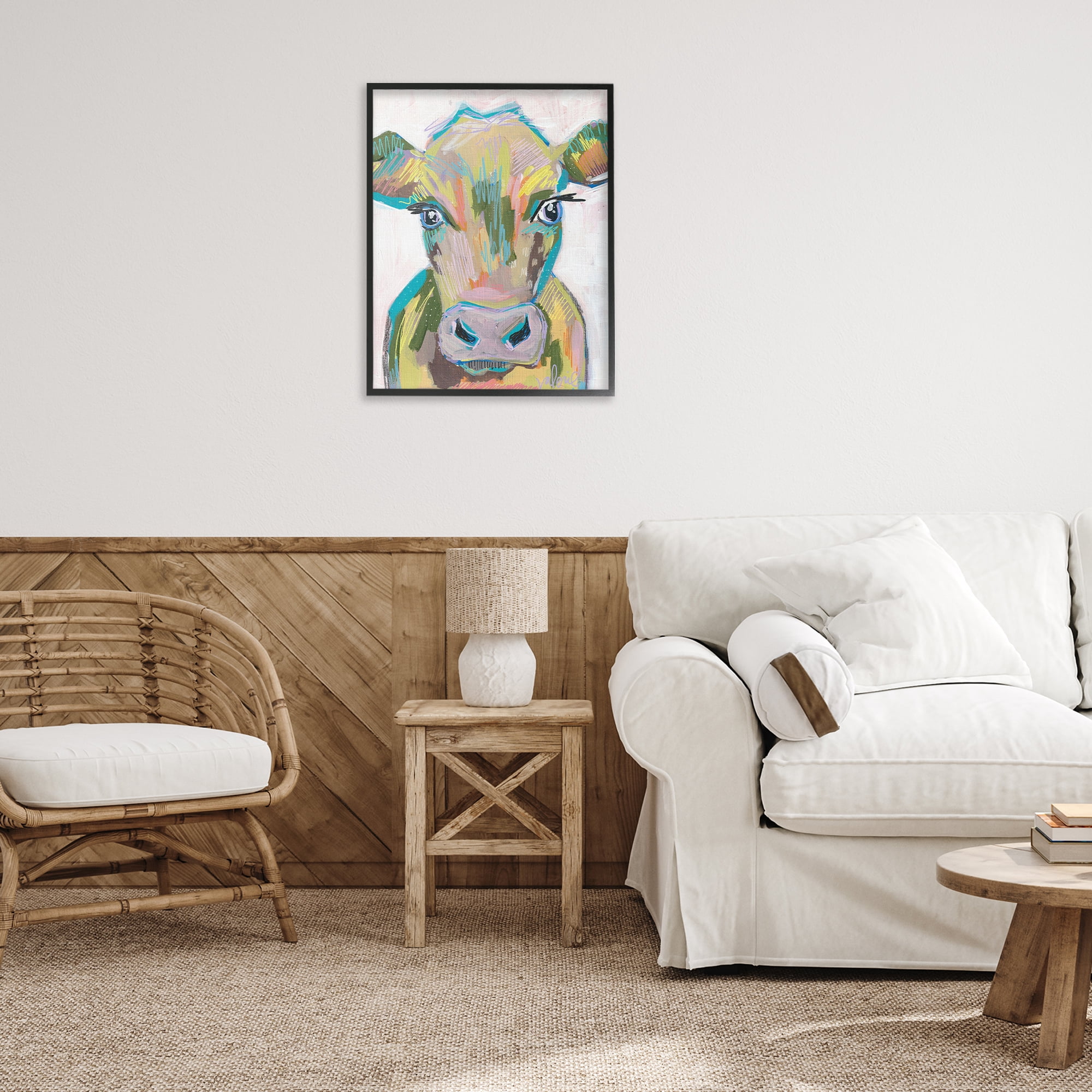 Stupell Industries Vivid Cow Visage Animals & Insects Painting Black Framed Art Print Wall Art, 24 x 30