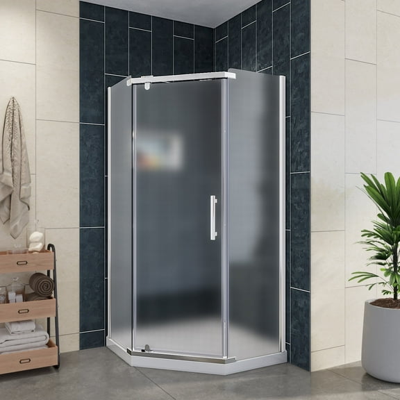 Sunny Shower Corner Frameless Neo-angle Sliding Shower Door 36 1/2" W x 72" H in Chrome Finish with 1/4 inch Frosted Glass