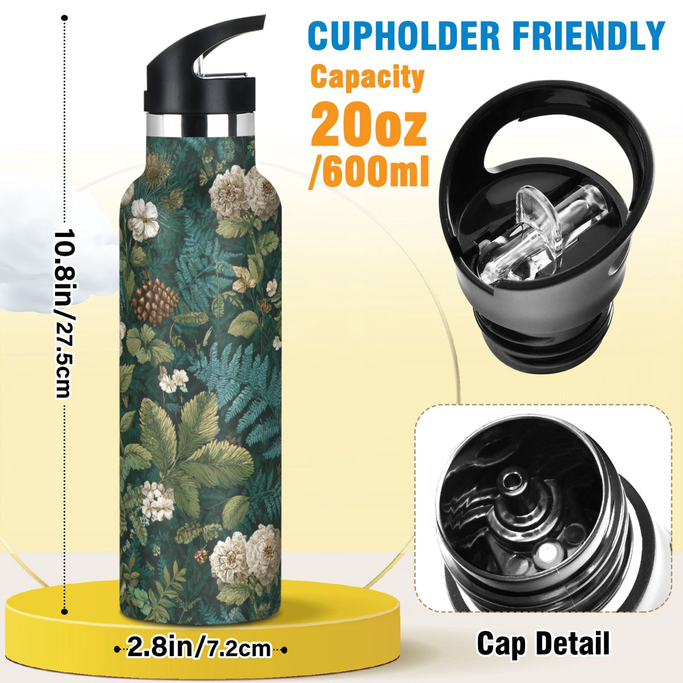 Kids Insulated Stainless Steel Sports Water Bottle 600ml (20oz) Pine Cones and Mossy Ferns