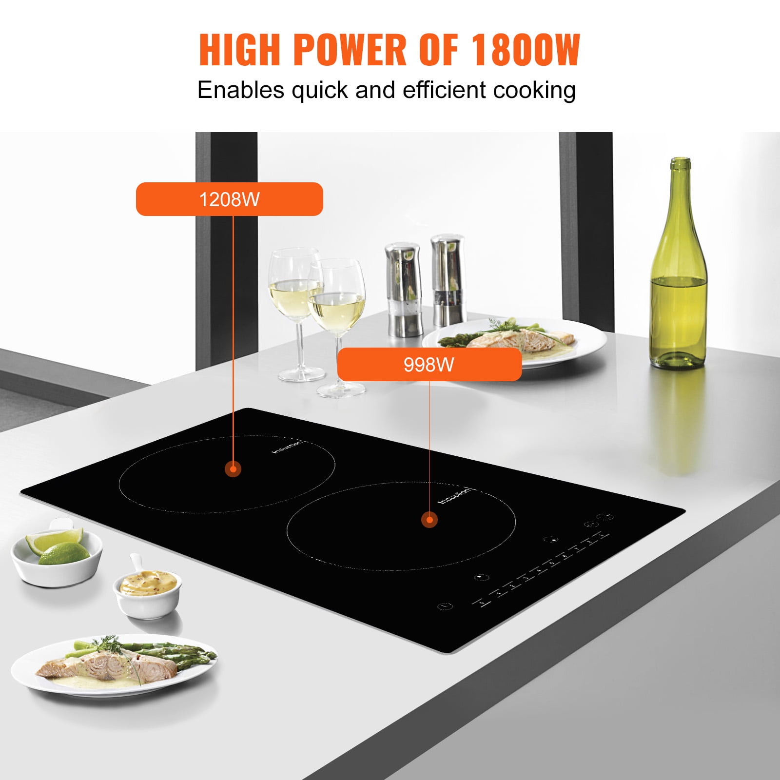 SKYSHALO 12" Electric Cooktop, 1800W 2 Burners Ceramic Glass Stove Top Touch Control Built-in Magnetic Cooktop w/ 9 Heating Level Child Lock & Over-Temperature Protection