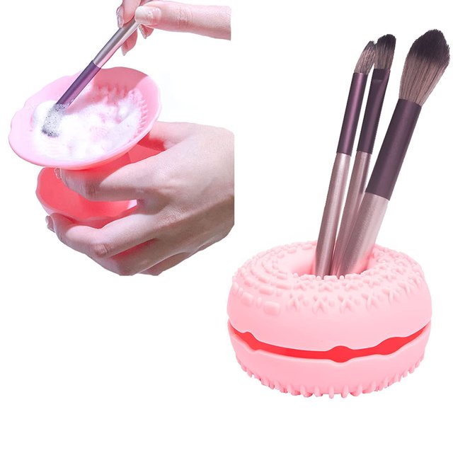 3 en 1 Multifuncional Forma de dona Limpiador de brochas de maquillaje Soporte de secado Organizador de brochas Reversible de silicona Cepillo cosmético Alfombrilla de limpieza Cuenco Cepillo de viaj JAMW Sencillez