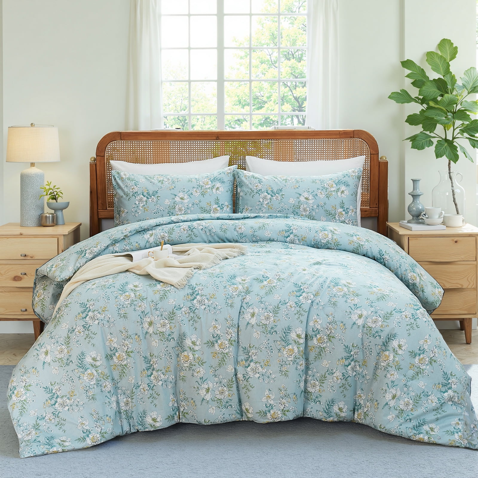 100% Cotton Comforter Set Queen Size, Botanical Floral Comforter with 2 Pillowcases, Vintage Garden Flowers Pattern, Soft Breathable Bedding for All Seasons