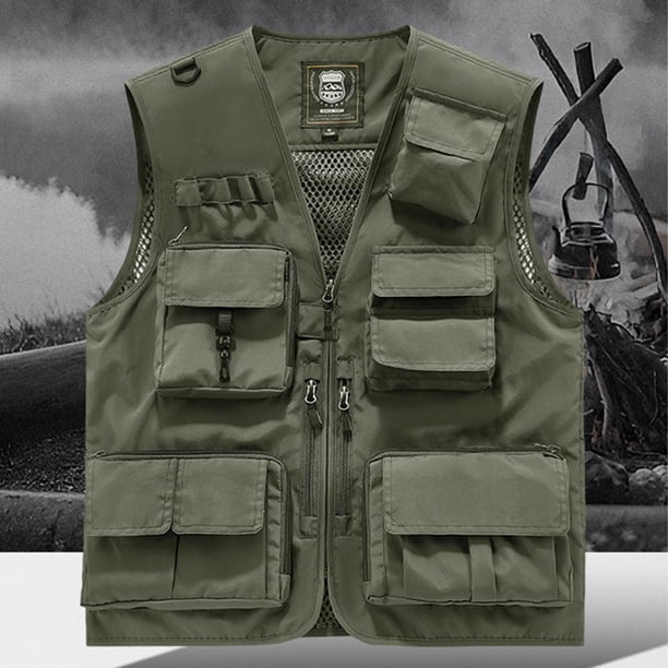 Ceisia Men's Loose Fit Outdoor Utility Vest Multi-Pocket Breathable Mesh Lining V-Neck Fishing Hiking Volunteer Waistcoat Gifts Army Green M