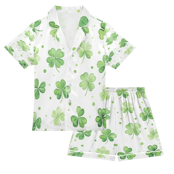 Silky Satin Kids' Pajama Set Breathable & Smooth Unisex Button-Down Pajamas Green Shamrock Leaves