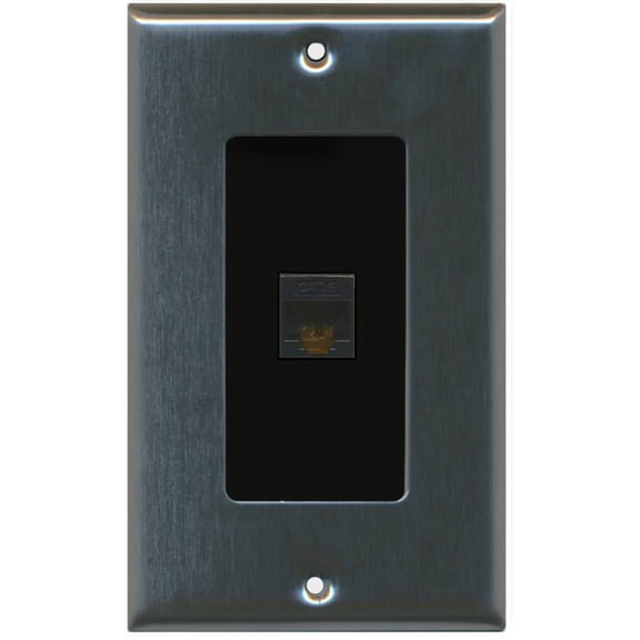 RiteAV Decorative 1 Gang 1 Port Cat6 Wall Plate - Stainless/Black - Bracket Included
