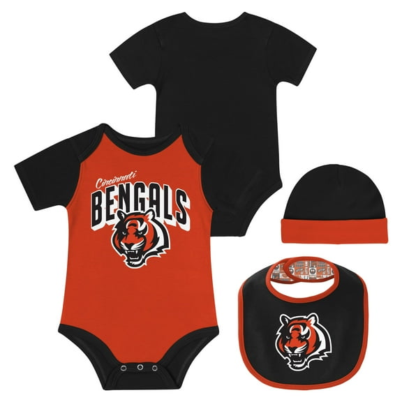 Newborn & Infant Cincinnati Bengals Dynamic Duo Bodysuit, Bib & Knit Hat Set