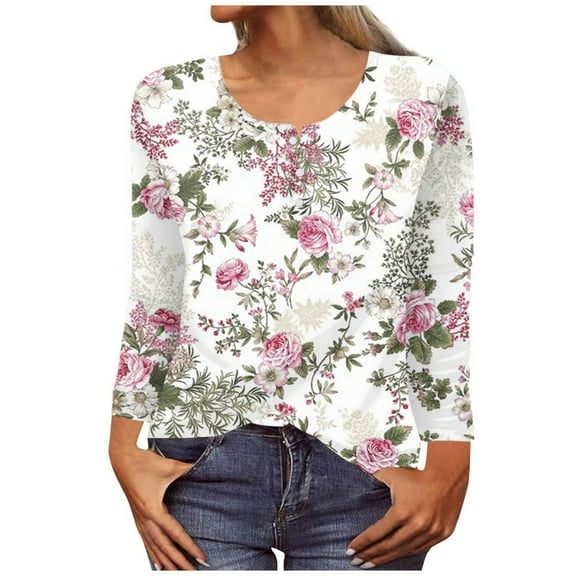 IROINNID Deals Plus Size Shirts for Women Crew Neck Long Sleeve Comfy Printed Loose T-shirt Blouse Round Neck Tops,White