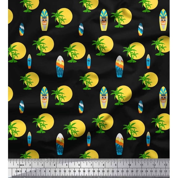 Soimoi Crepe Silk Fabric Skull,Sun & Palm Tree Nature Print Sewing Fabric Yard 42 Inch Wide