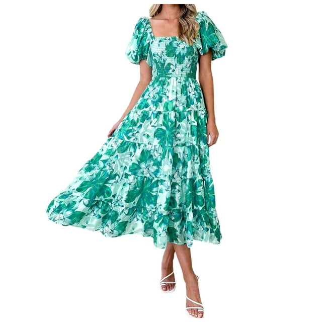 Daznico Robes Élégantes pour Femmes, Bordure Plateforme et Nouveau Col d'Été Jupe Imprimée Manches Bouffantes Robe, Robes pour Femmes Cache Ventre
