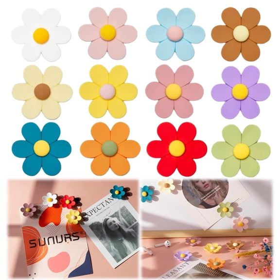 Flower Refrigerator Magnets 12 Pack Decorative Resin Fridge Magnets Set for Kitchen Office Whiteboard Colorful