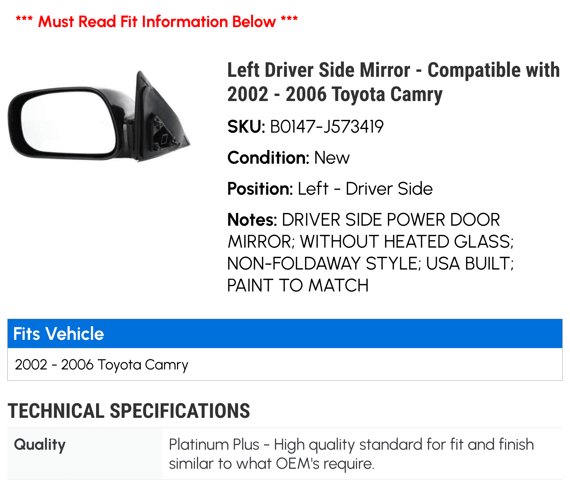 Left Driver Side Mirror - Compatible with 2002 - 2006 Toyota Camry 2003 2004 2005