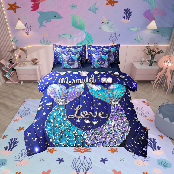 Erosebridal Mermaid Princess Bedding Twin Size, Bling Fish Tail Bedding Sets Twin Size, Marine Reversible Bed Set, Microfiber Bedroom Decorative, 7pcs