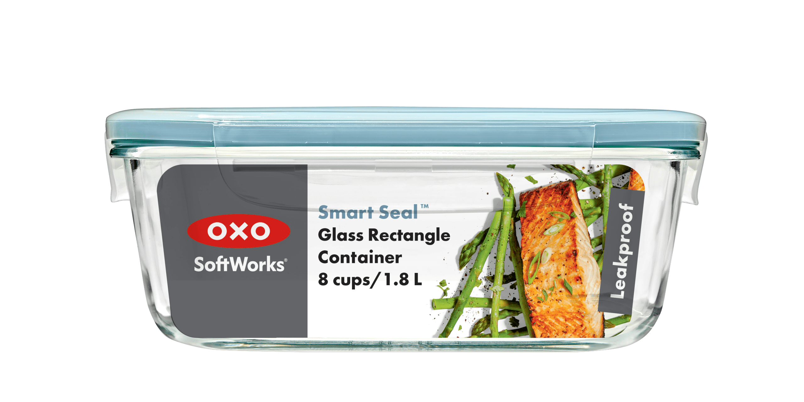 OXO Smart Seal 8-Cup Glass Food Storage Container, Leakproof Rectangle Glass Meal Prep Container with Airtight Lid for Leftovers and Food Storage, Arctic Blue