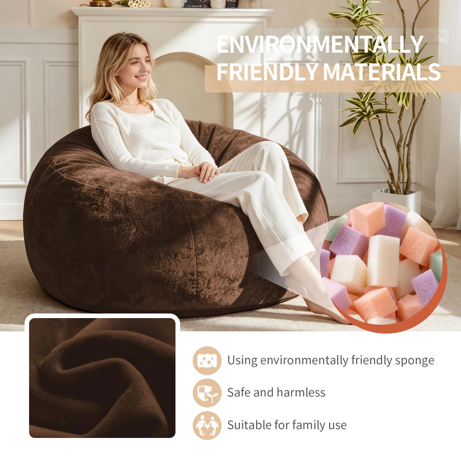 Hommoo 6FT Bean Bag Chair, Memory Foam Filling Soft Sofa with Flannel Cover, Round Sofa for Living Room, Bedroom, College Dorm, Coffee