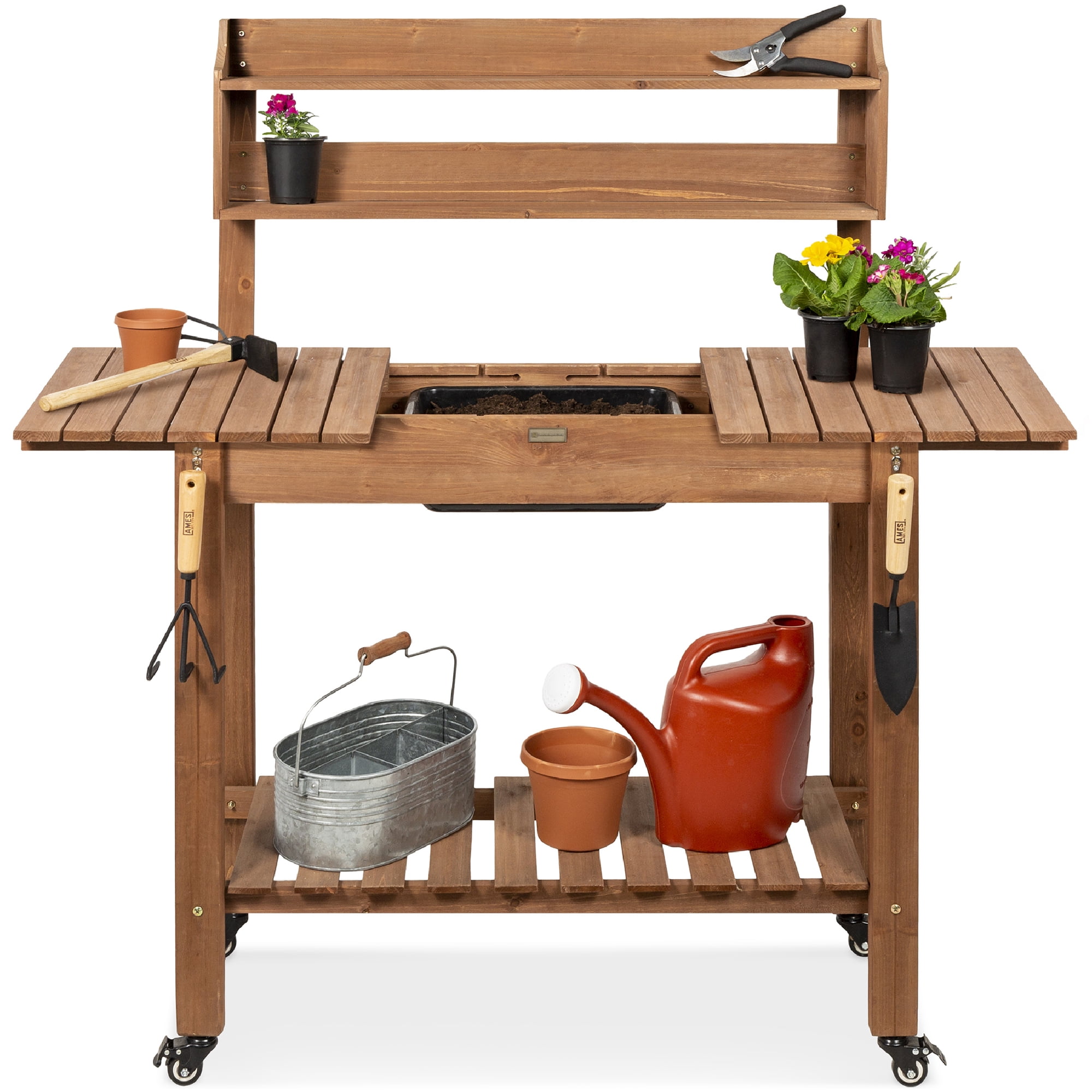 Best Choice Products Wood Garden Potting Bench Workstation, Sliding Tabletop, 4 Locking Wheels, Dry Sink - Brown