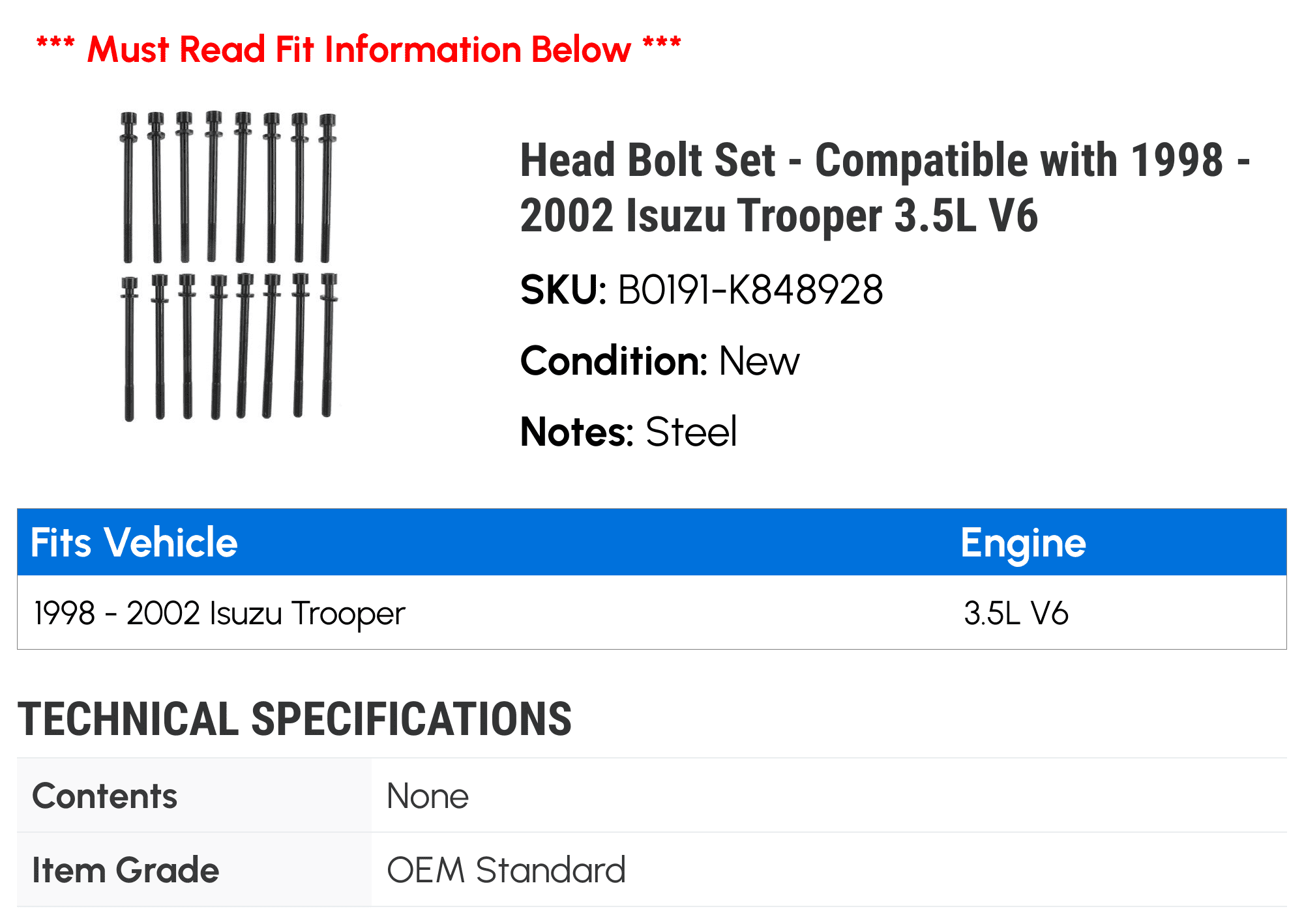 Head Bolt Set - Compatible with 1998 - 2002 Isuzu Trooper 3.5L V6 1999 2000 2001