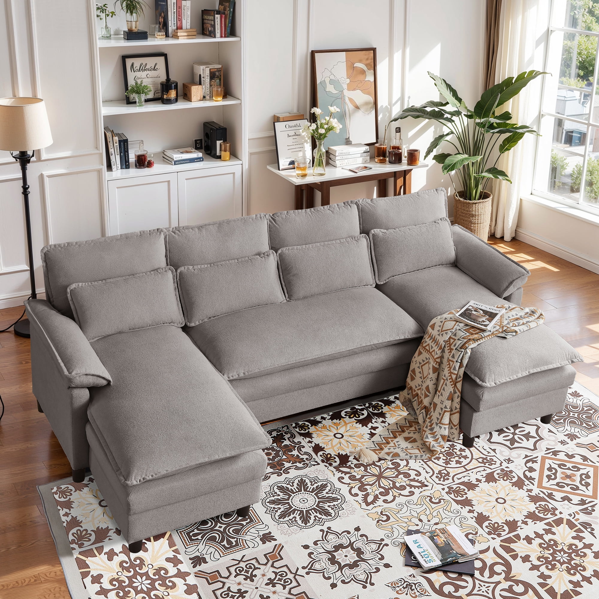 Pingliang Home Oversized U Shaped Couch,4 Seat Sectional Sofa with 4 Pillows,Upholstered Symmetrical Cloud Couch with Double Chaise,Wrap Around Sofa Modular sofa for Living Room Apartment Office