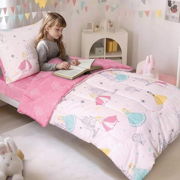 4 Piece Toddler Bedding Set Ultra Soft Princess Comforter with Fitted Sheet Flat Top Sheet Pillowcase for Girls Bedroom