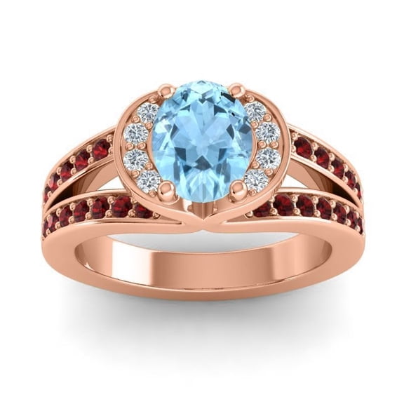 Diamond-Capitals 2.35 Carat Sparkle Oval Cut Aquamarine & Garnet Gemstone Proposal Ring for Women Solid 14K Rose Gold Size 7