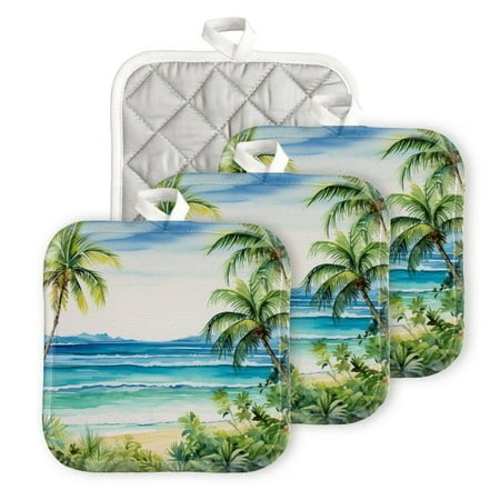 

Bahomeck Pot Holder 4Pcs Palm Trees On The Beach With Ocean Waves And Tropical Foliage Square Heat Resistant Hot Pads For Kitchen Cooking Oven With Hanging Loop Potholder Easy To Store