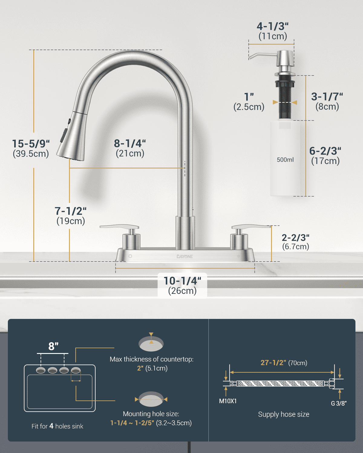 DAYONE 2 Handle Kitchen Faucet with Pull Down Sprayer, 4 Holes Sink Faucets for Kitchen/RV with Soap Dispenser Stainless Steel, Brushed Nickel