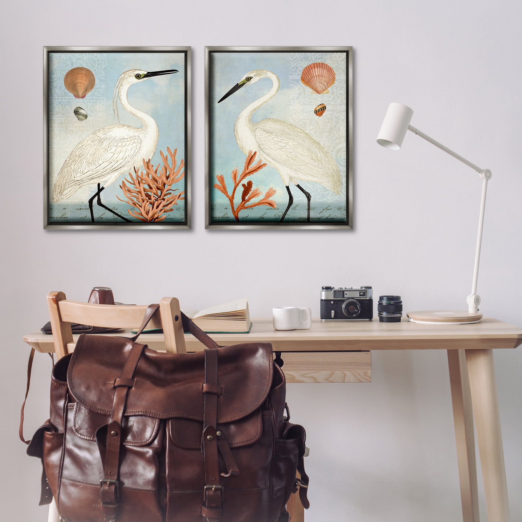 Stupell Industries Beach Items Shell Heron Egret Animals Painting Gray Floater Framed Canvas Art Print Wall Art, 31 x 25, Set of 2