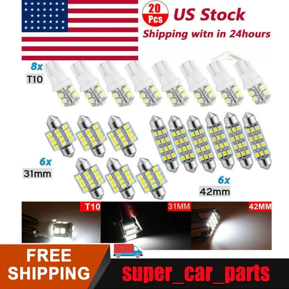 20Pcs Led Interior Lights Bulbs Kit Car Trunk Dome License Plate Lamps 6000K Usa