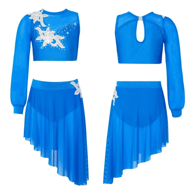 Kids Girls Sheer Mesh Lyrical Dance Outfit Ballet Tutu One Shoulder Long Sleeve Crop Top with Leotard Skirt Ballerina Dancewear8 Gong Bohan LED