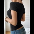 thumbnail image 4 of Camisetas de Verano de Corta con Cuello en U para Mujer, Blusa Informal de Punto Henley con Botones Acanalados. Negro S, 4 of 10