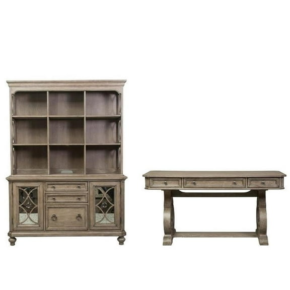 3 Piece Office Set of Credenza with Hutch and Desk in Washed Gray