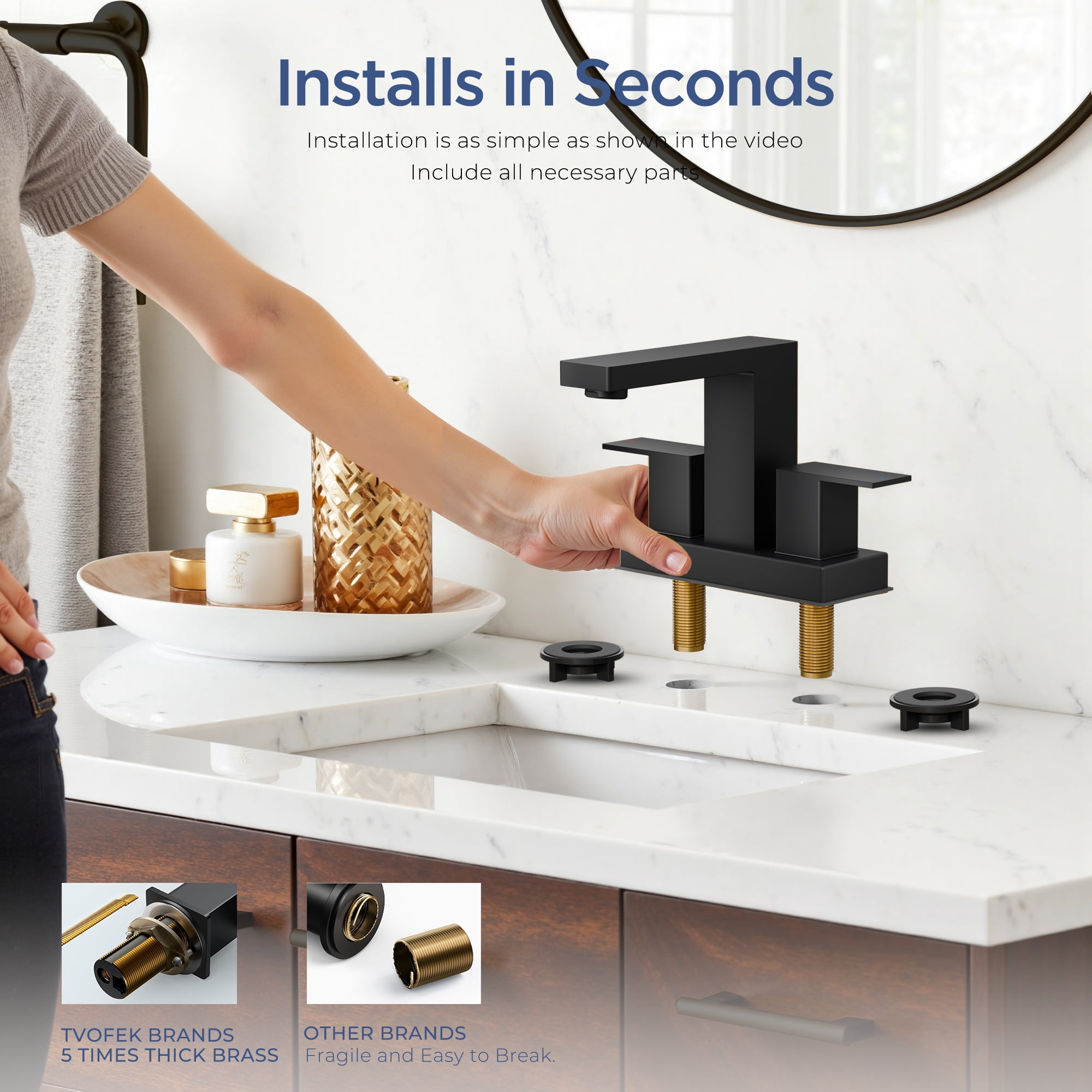 TVOFEK 4 inch Centerset Bathroom Faucet 2 or 3 Holes, Black Bathroom Sink Faucet Two Handles with Metal Pop up Drain and cUPC Hoses for Vanity RV Restroom