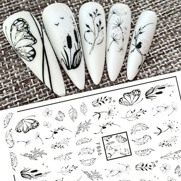 Pegatinas 3D de arte lineal con flores de amor en blanco y negro, calcomanías para uñas, accesorios para decoración de uñas, mariposa, rosa, pegatinas para uñas, deslizadores para uñas Dengxun unisex