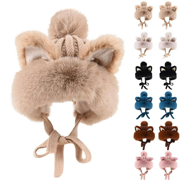 UTSJKR Women Winter Fluffy Knit Beanie Hats with Pompom Cute Fox Ear Faux Fur Skull Cap Earmuffs Woolen Hat Beige