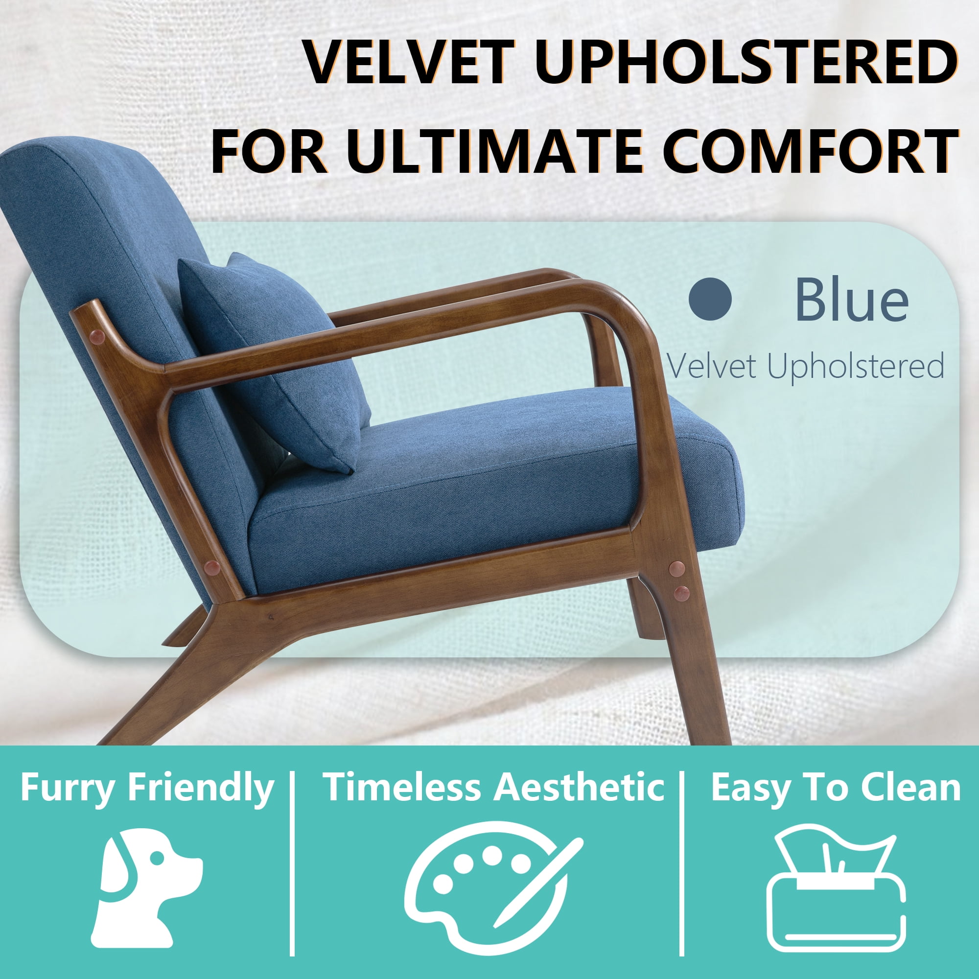 Miniyam Mid Century Modern Accent Chair with Wood Frame, Upholstered Living Room Chairs with Waist Cushion, Reading Armchair,Blue